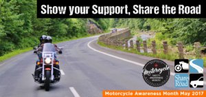 Asphalt road next to scenic river. A motorcycle is approaching. The text in this infographic reminds motorists to show support by sharing the road with motorcyclists.