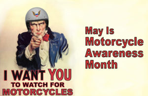 A vintage postcard style infographic featuring Uncle Sam wearing a motorcycle helmet. I want you to watch out for motorcycles.