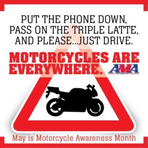 Infographic Warning Triangle with motorcycle silhouette. Text in image reads - Put The Phone Down, Pass on the Triple Latte, and Please... Just Drive. Motorcycles Are Everywhere